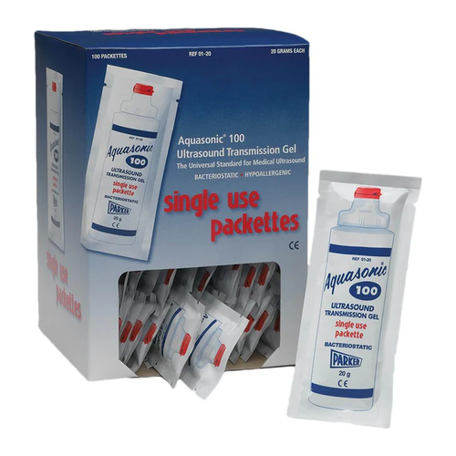 Aquasonic 100 ultrasound gel, 20 g single-use packettes dispenser box
